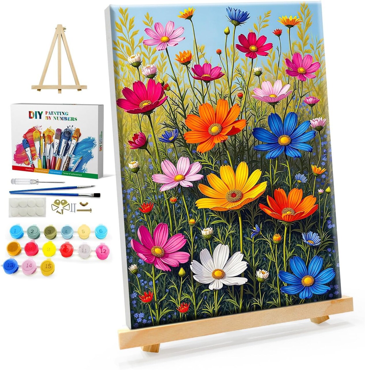 Paint By Number Framed Flower Kit for Adults with Easel – DIY Acrylic Floral Canvas Painting Set for Home Wall Decor, 8x12 Inch